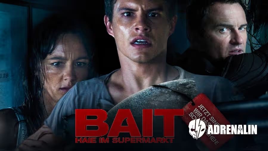 Filmplakat Bait – Haie im Supermarkt (2012) – australischer Hai-Thriller, Überlebende in überflutetem Supermarkt mit Weißen Haien