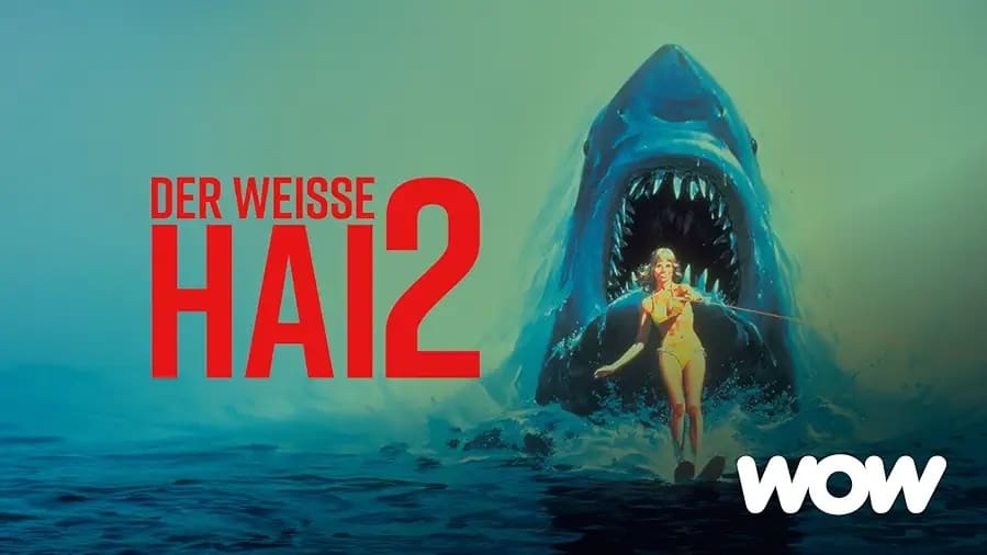 Filmplakat Der Weiße Hai 2 (1978) – Wasserskifahrerin im Maul eines Großen Weißen Hais, Fortsetzung von Spielbergs Klassiker
