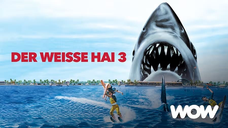 Filmplakat Der Weiße Hai 3 (1983) – riesiger Weißer Hai über SeaWorld-Lagune mit Wasserskifahrern