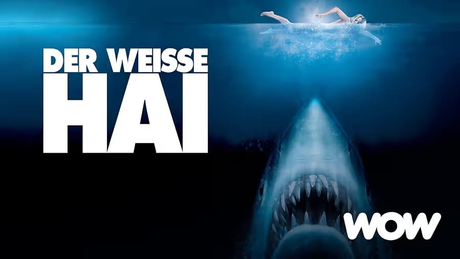 Filmplakat Der Weiße Hai (1975) – Spielbergs Klassiker mit Schwimmerin und Großem Weißen Hai