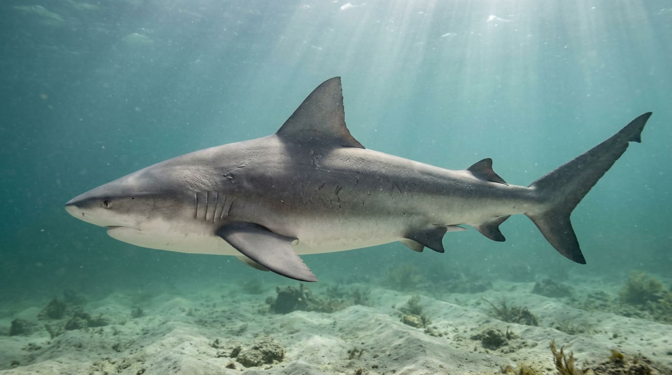 Bullenhai (Carcharhinus leucas) in trübem Küstengewässer