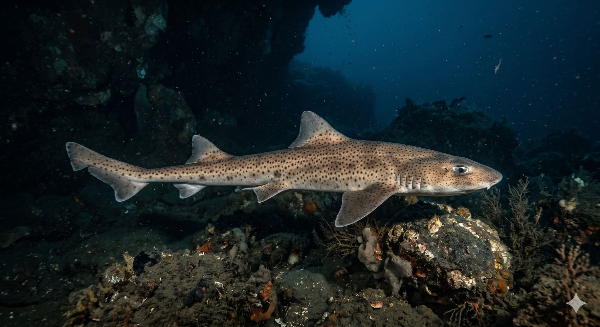 Kleingefleckter Katzenhai (Scyliorhinus canicula) mit Tupfenmuster am Boden