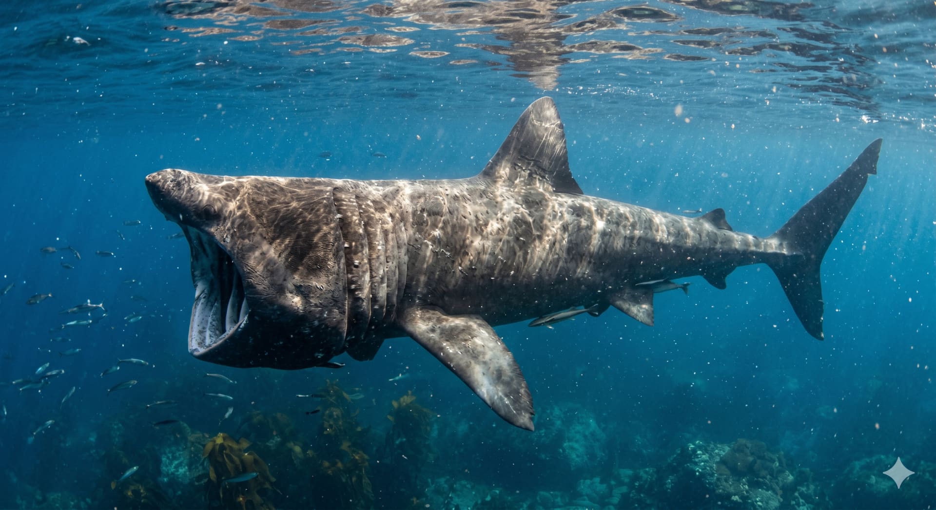 Riesenhai (Cetorhinus maximus) mit weit geöffnetem Filtermaul