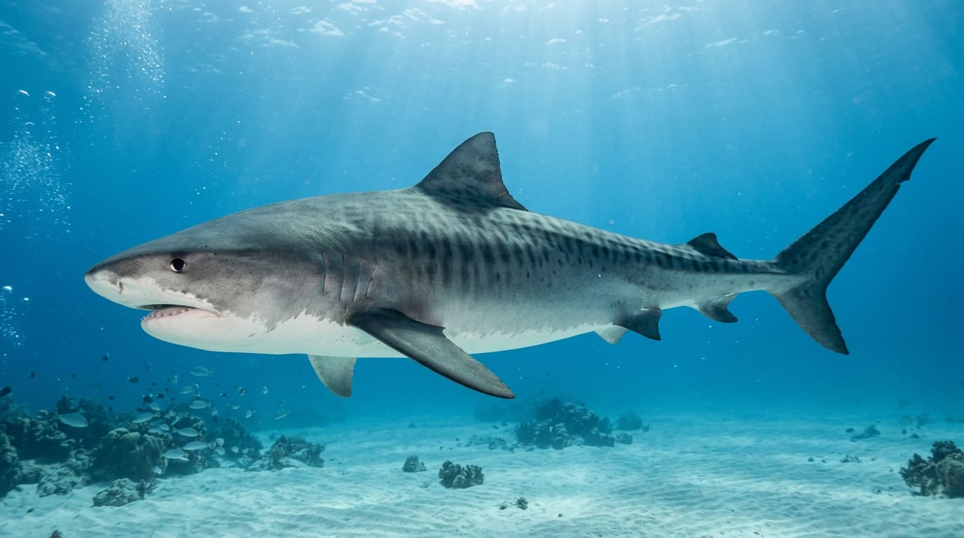 Tigerhai (Galeocerdo cuvier) mit Streifenmuster im Riff