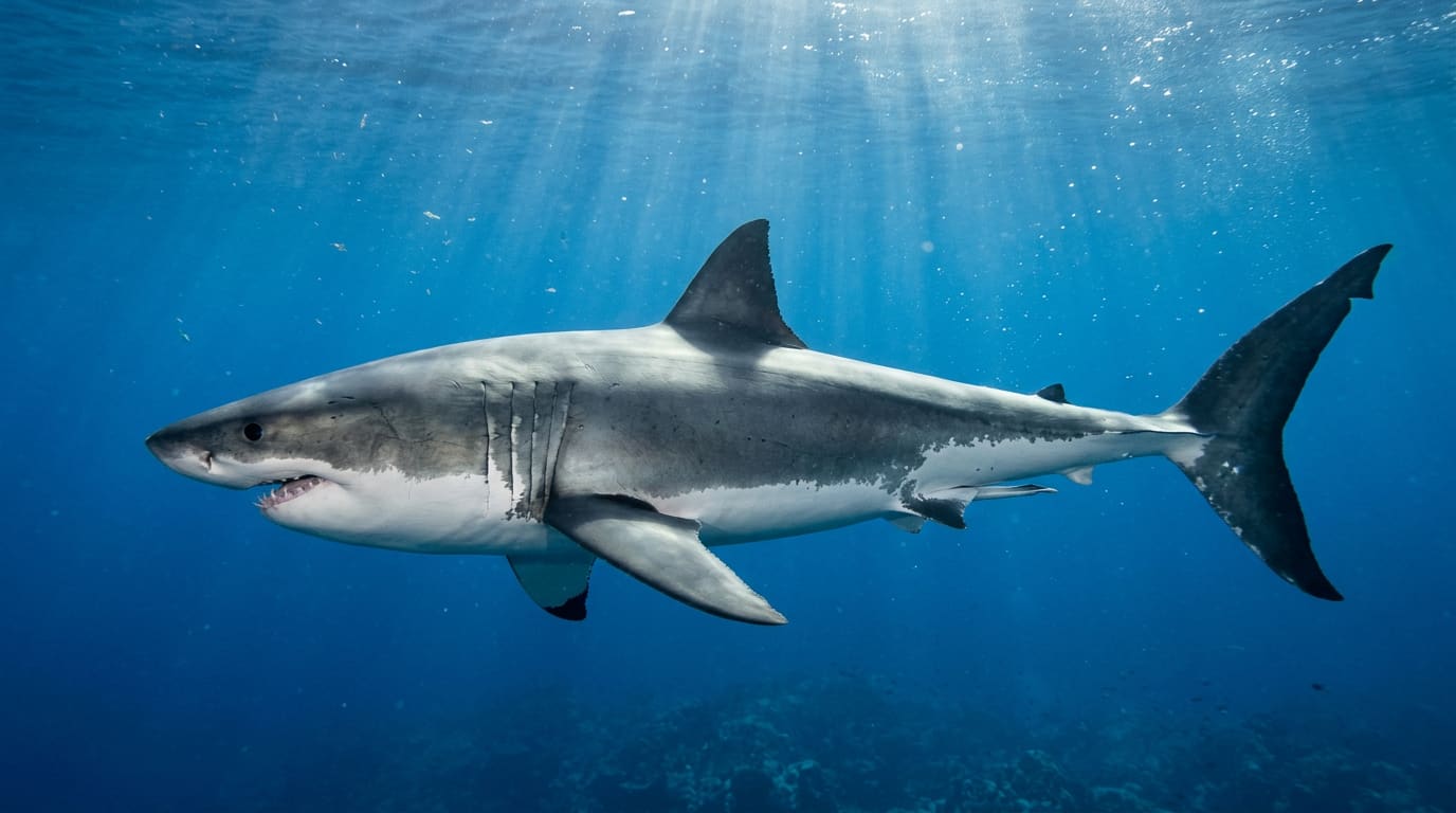 Weißer Hai (Carcharodon carcharias) im offenen Ozean