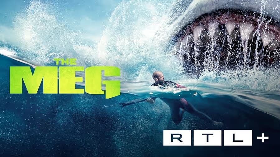 Filmplakat The Meg (2018) – Jason Statham vor riesigem Megalodon